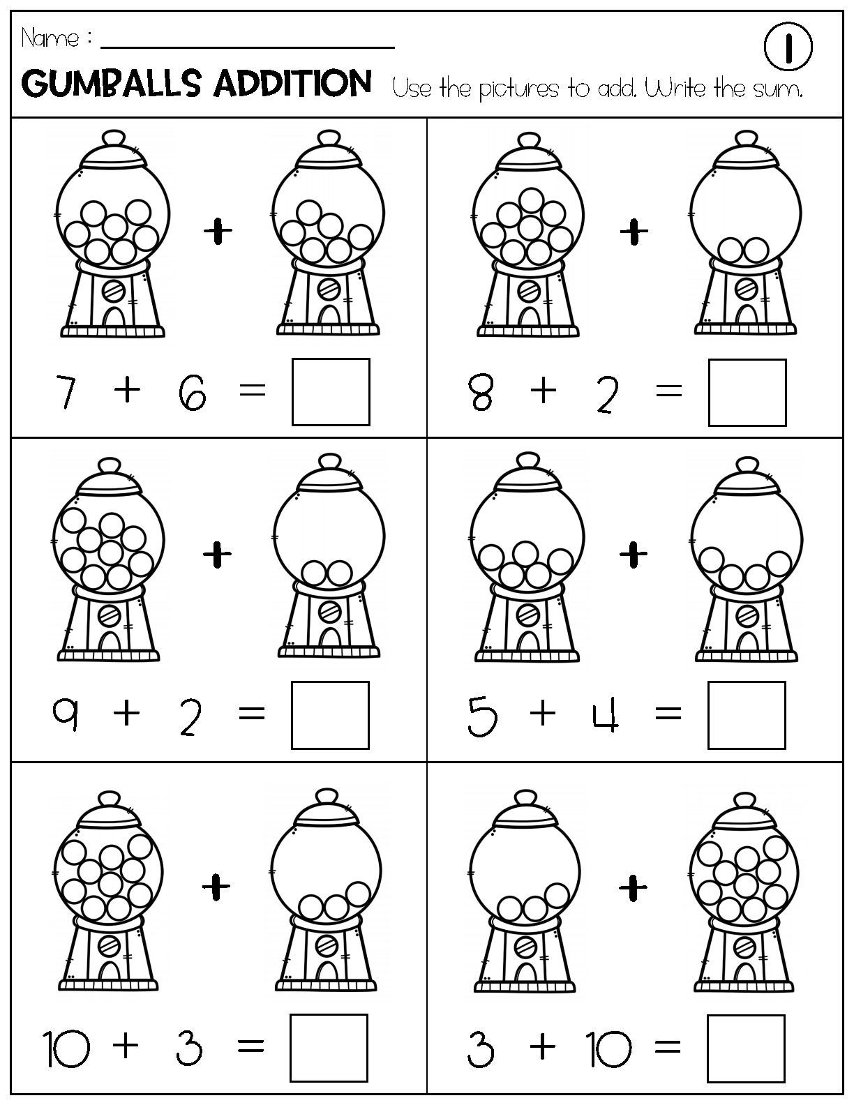 Addition with Pictures Sum up to 20 Worksheets - Adding Gumballs Pictures Math Worksheets Printable