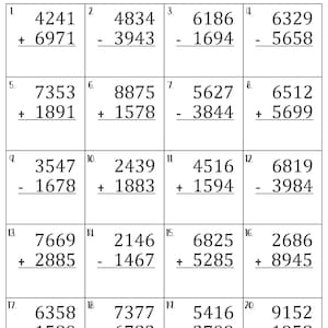 May include: Black and white worksheet titled "4 DIGIT MIXED ADDITION AND SUBTRACTION" with regrouping. The worksheet contains 20 math problems, each with four-digit numbers, involving addition and subtraction. The problems are arranged in a grid format.