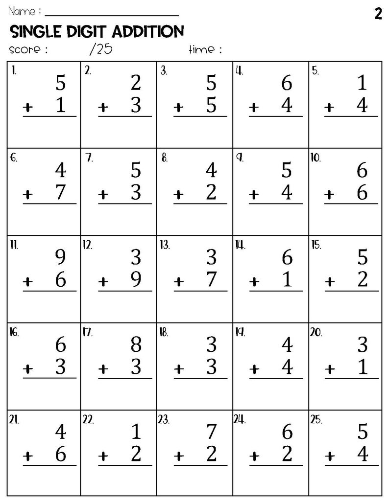 Single Digit Addition Worksheets Etsy