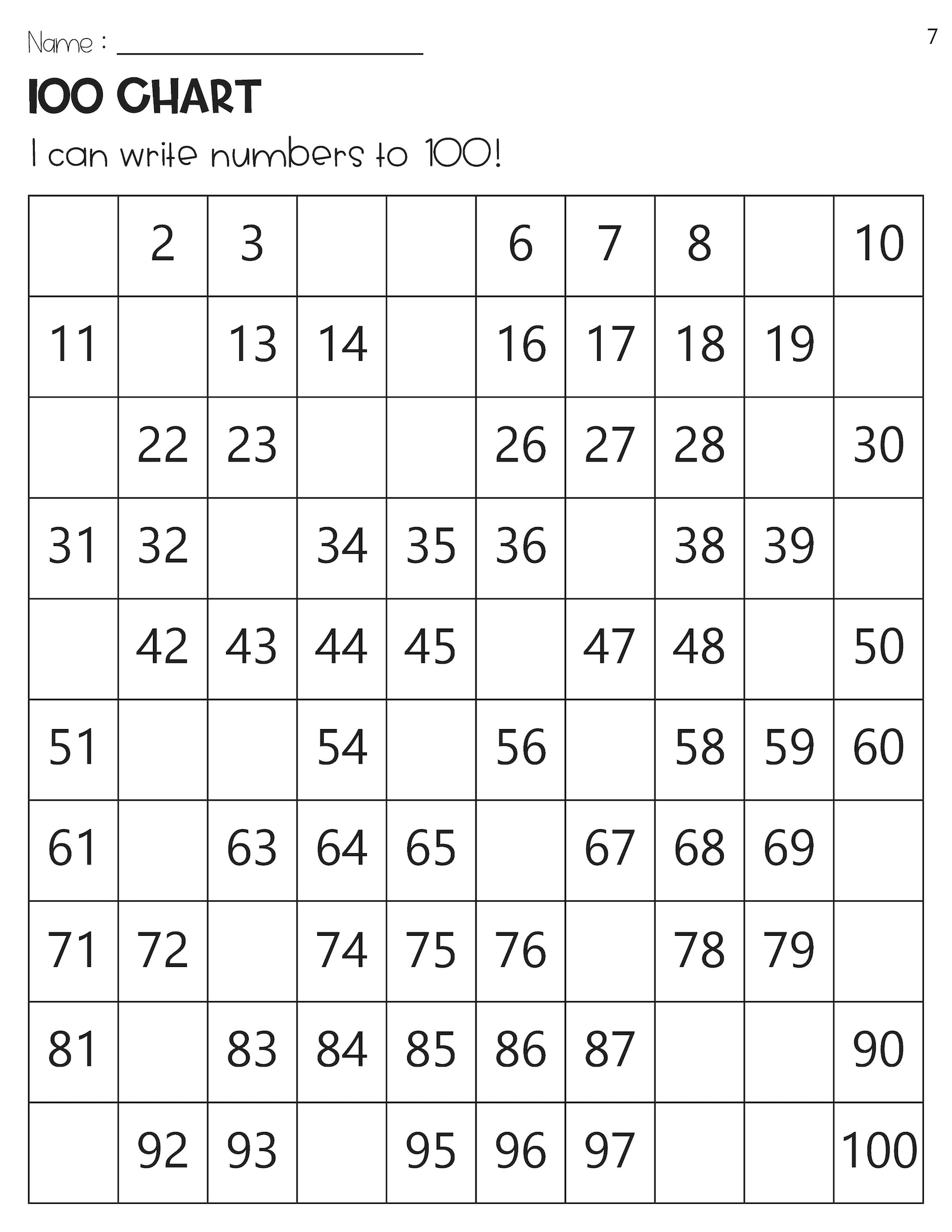 100 Chart Missing Numbers Worksheets - Etsy