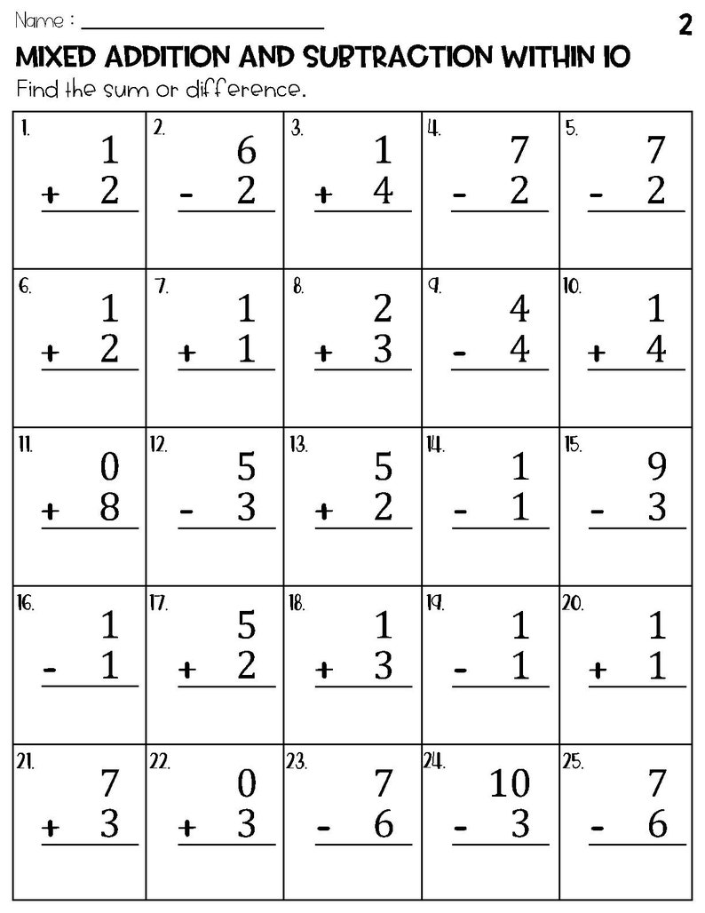 Mixed Addition and Subtraction Within 10 Worksheets Etsy