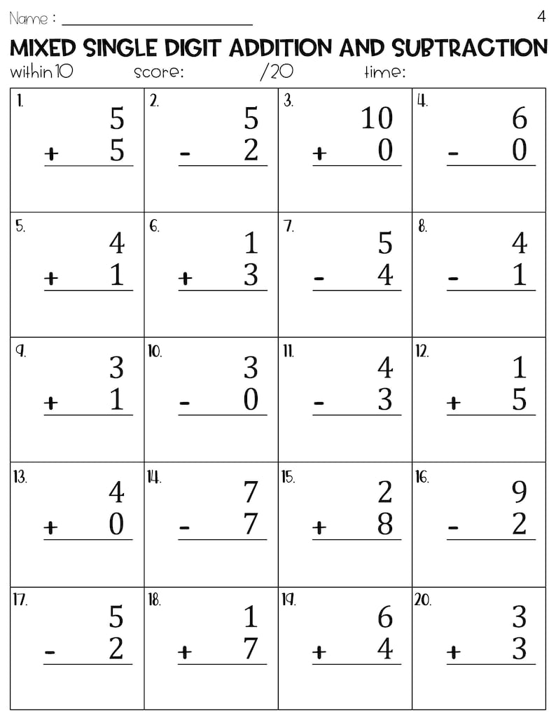 Single Digit Math Problems Mixed Single Digit Addition and Subtraction Within 10 Worksheets - Etsy