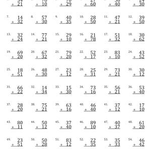 May include: A black and white worksheet titled "ADDITION 2 DIGIT WITHOUT REGROUPING" with 60 addition problems. The worksheet includes space for a name, score, and time.