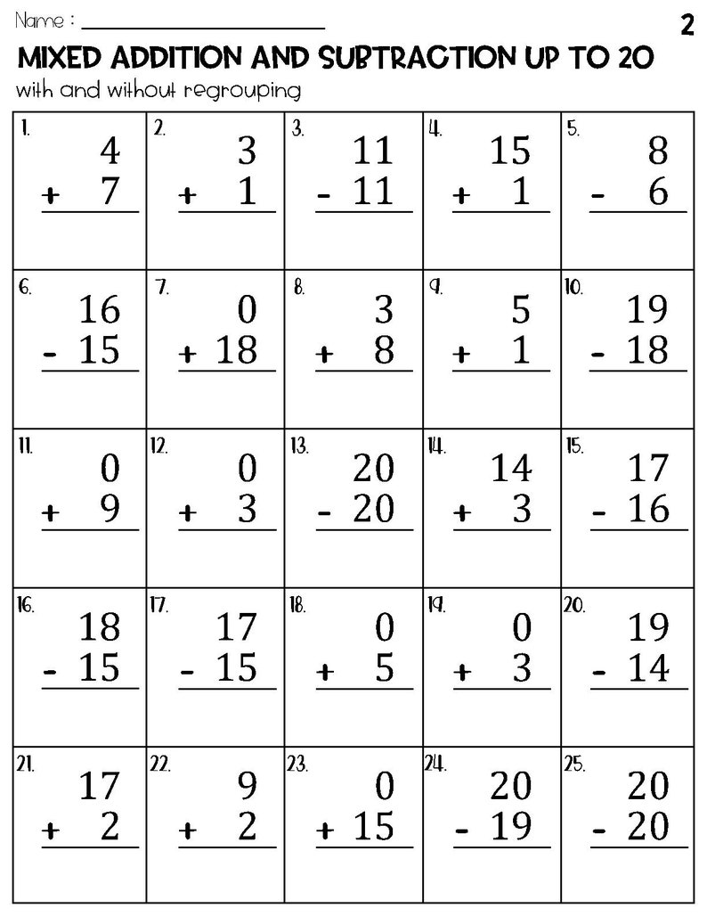 Mixed Addition and Subtraction to 20 Worksheets Etsy