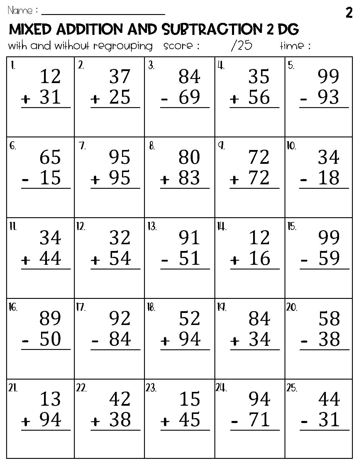 Two Digit Mixed Addition And Subtraction With And Without Regrouping