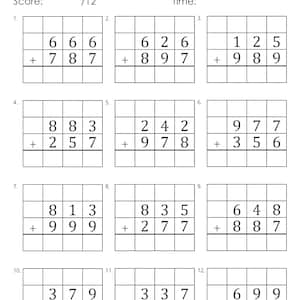 May include: A worksheet with 12 math problems for 3-digit addition with regrouping. The problems are arranged in a grid format with each problem having a space for the answer.