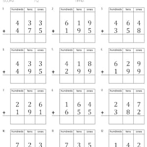 3-siffrig addition med omgruppering med platsvärdediagram, arbetsblad