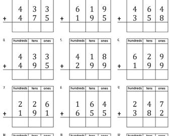 3 Digit Addition with Regrouping with Place Value Chart Worksheets
