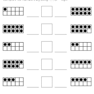 Puede incluir: Una hoja de trabajo con el título "Comparando números" e instrucciones para comparar los números usando >, < o = signo. La hoja de trabajo tiene seis filas con marcos de diez y círculos para representar números.