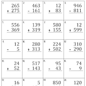 以下が含まれることがあります： 1000 以内の混合加算と減算の数学問題が 20 問あるワークシート。問題は 1 から 20 まで番号が付けられており、グリッド状に配置されています。