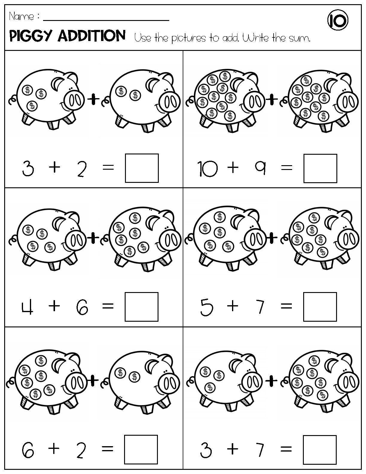 Addition With Pictures Sum up to 20 Worksheets - Adding Piggy Pictures ...