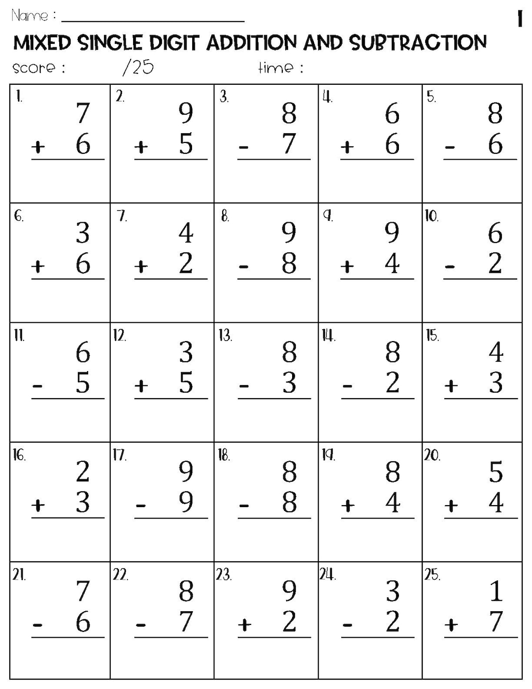 Mixed Single Digit Addition and Subtraction Worksheets - Etsy