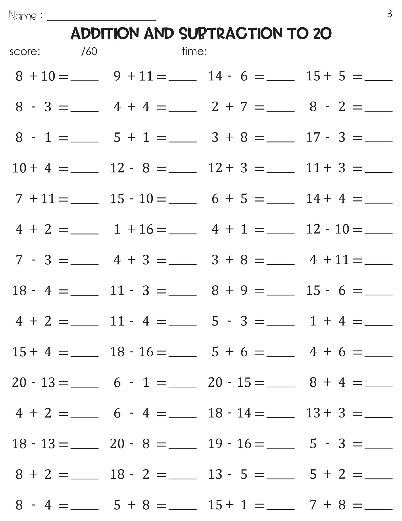 Math Fact Fluency Addition and Subtraction to 20 Timed Tests Practice ...