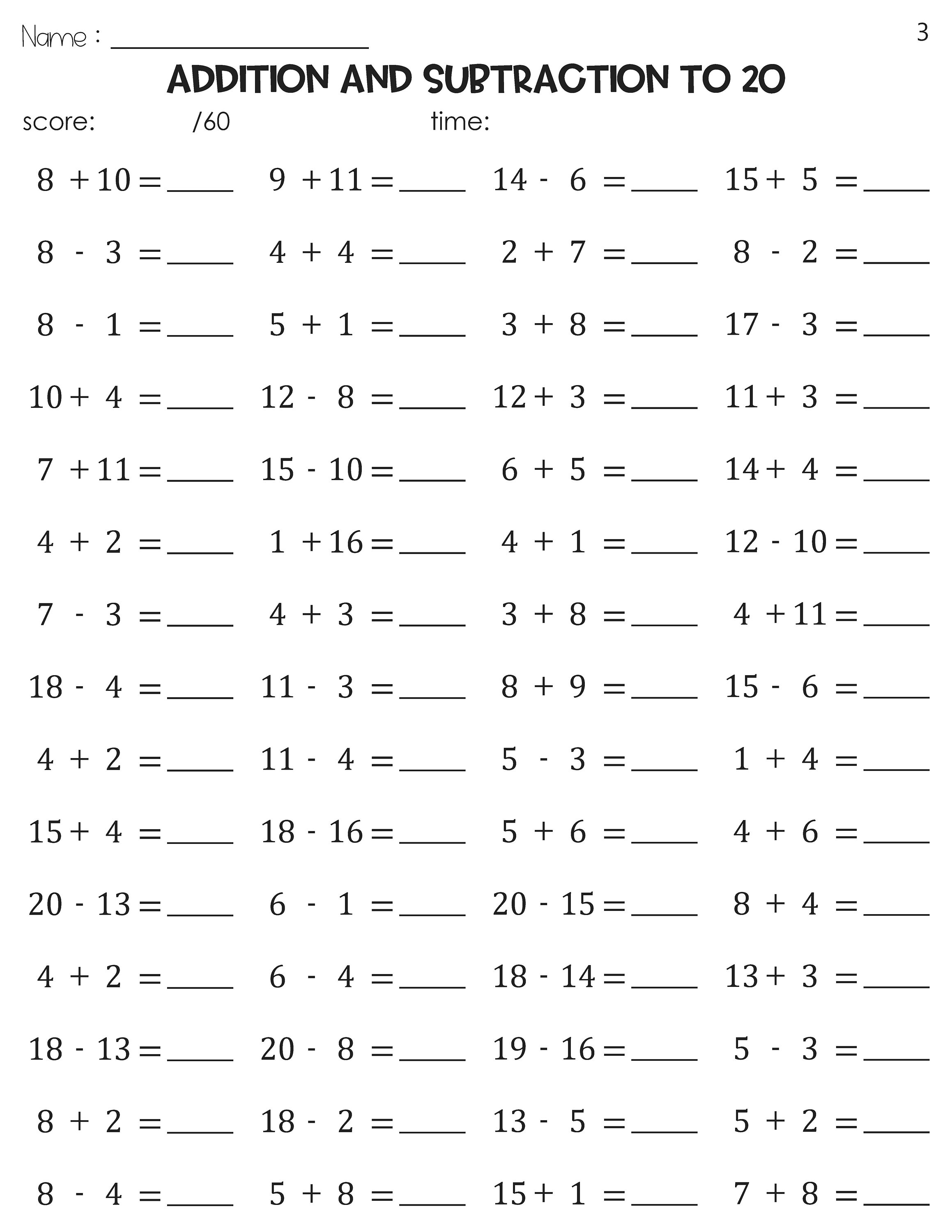 Math Fact Fluency Addition and Subtraction to 20 Timed Tests Practice ...