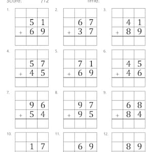 May include: A worksheet with 12 math problems for two-digit addition with regrouping. Each problem has a grid with two rows and three columns for the numbers to be added. The problems are numbered 1 through 12.