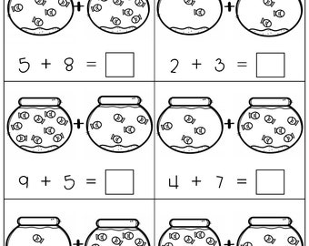 Addition with Pictures Sum up to 20 Worksheets - Adding Fish Bowls Pictures Math Worksheets Printable