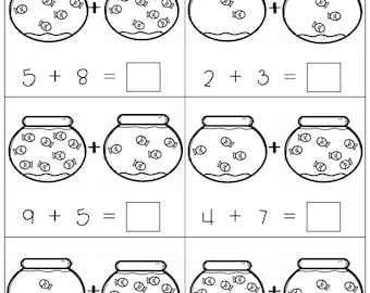 Addition with Pictures Sum up to 20 Worksheets - Adding Fish Bowls Pictures Math Worksheets Printable