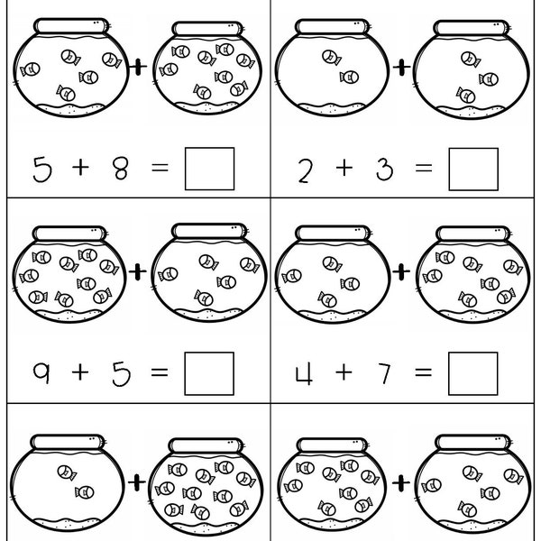 Addition with Pictures Sum up to 20 Worksheets - Adding Fish Bowls Pictures Math Worksheets Printable