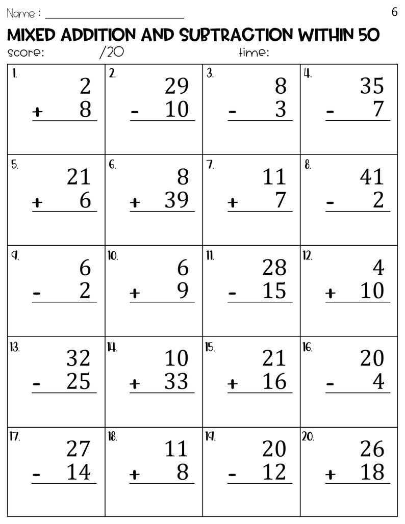 Mixed Addition and Subtraction to 50 Worksheets - Etsy