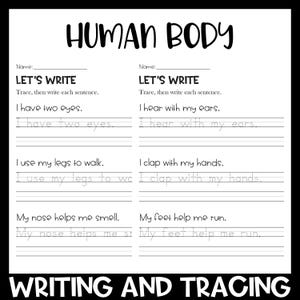 Sentence Writing and Tracing Handwriting Practice Worksheets - Human Body Theme