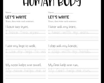 Sentence Writing and Tracing Handwriting Practice Worksheets - Human Body Theme