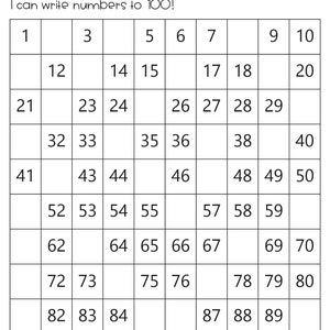 Pode incluir: Um gráfico de 100 em preto e branco com os números de 1 a 100 em cada quadrado. O gráfico é intitulado "100 Chart" e tem o texto "I can write numbers to 100!" abaixo do título.