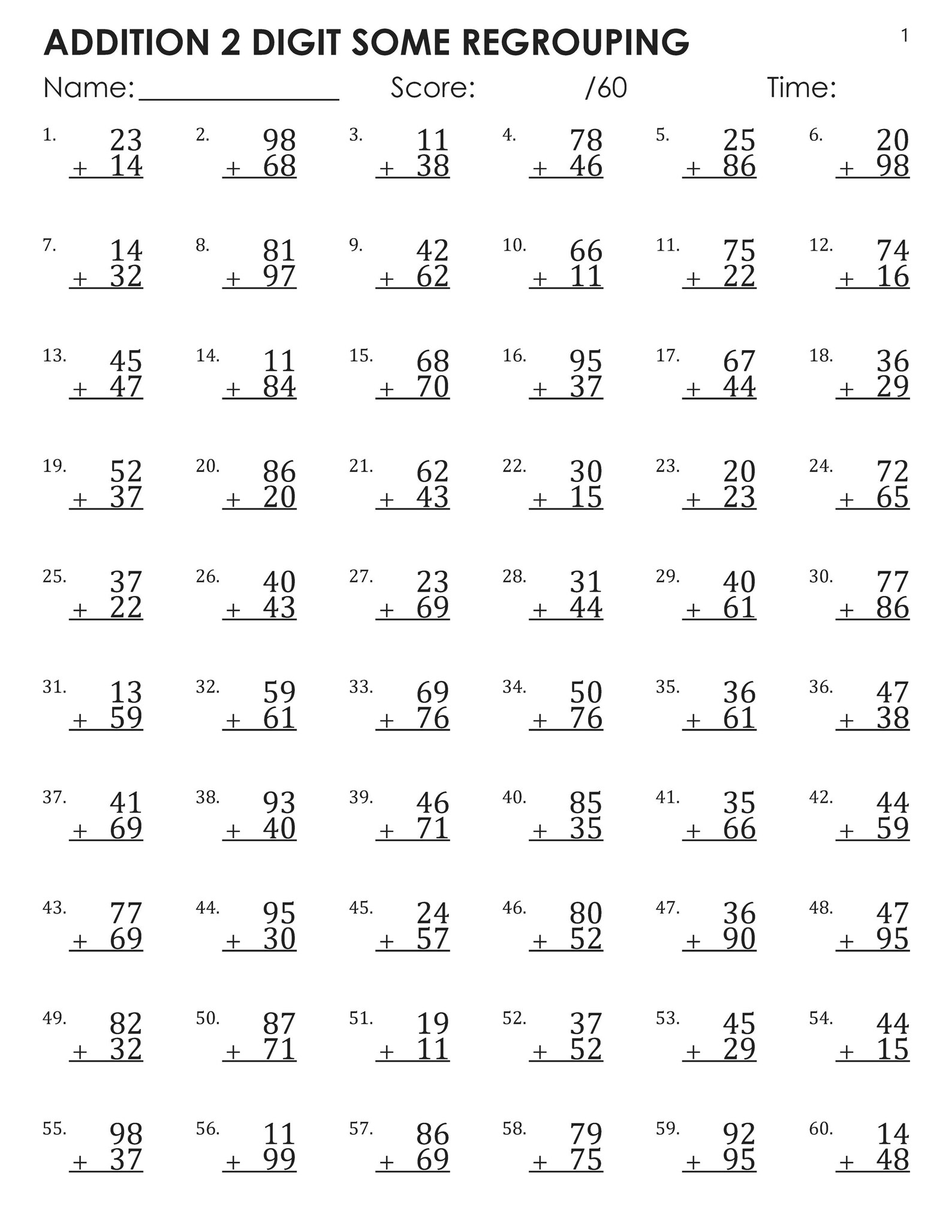 Math Timed Tests 2 Digit Addition Some Regrouping - Etsy