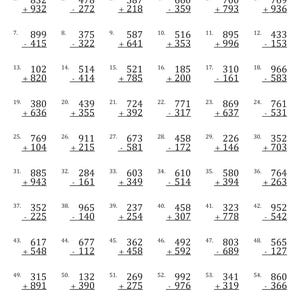 May include: A black and white worksheet with 60 math problems for 3-digit addition and subtraction. The title "3 DIGIT ADD & SUBTRACT" is at the top. There are spaces for a name, score, and time.