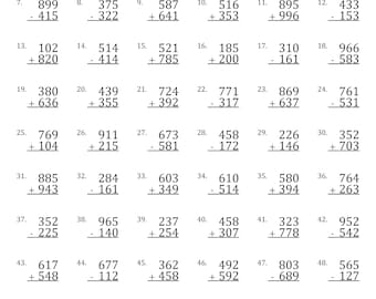 Math Timed Tests 3 Digit Mixed Addition and Subtraction Some Regrouping
