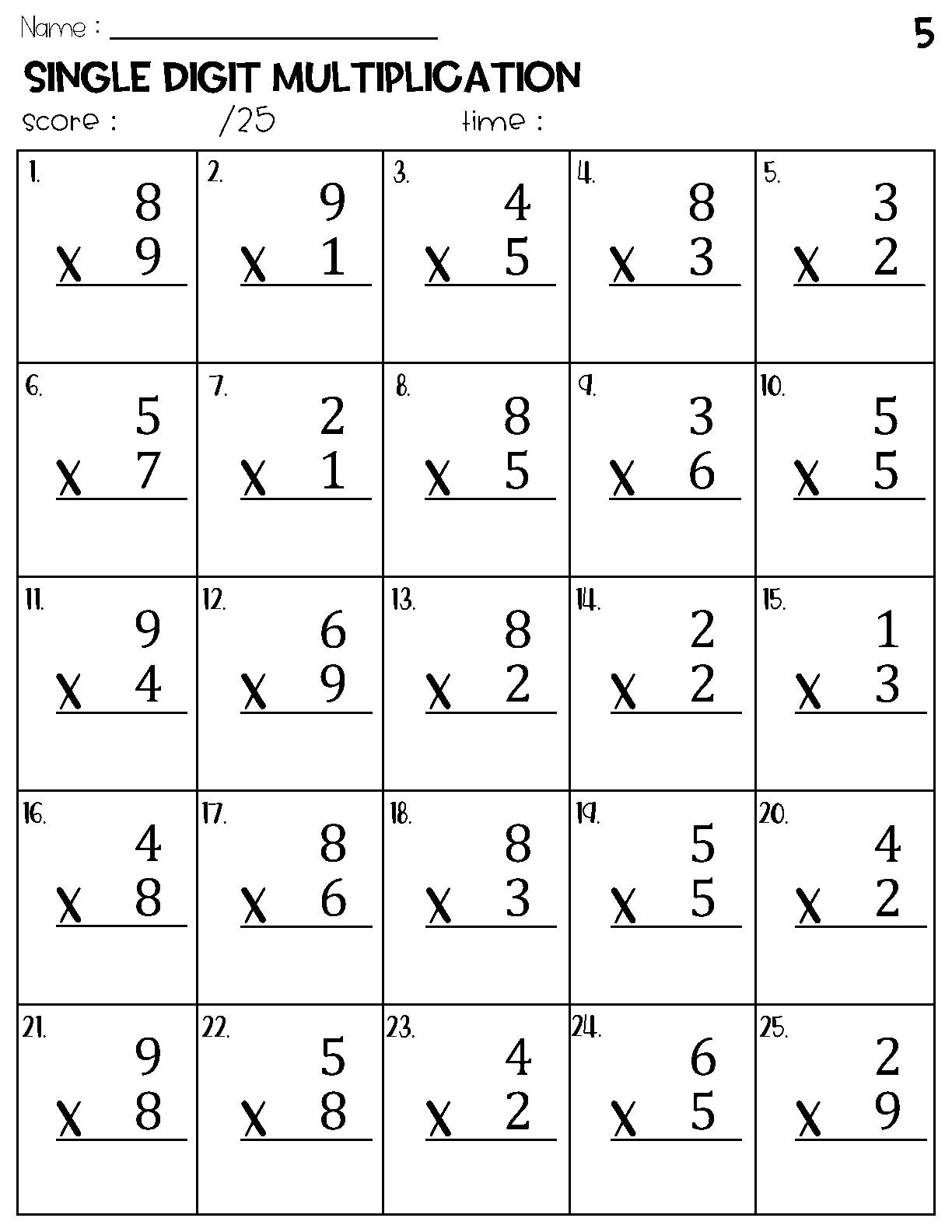 Single Digit Multiplication Worksheets Etsy