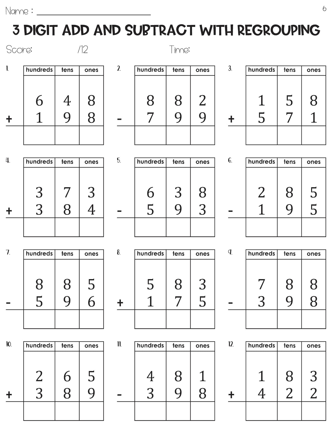 3 Digit Mixed Addition and Subtraction With Regrouping With Place Value ...