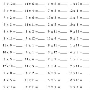 Multiplication 1-12 Math Timed Tests Speed Drills Worksheets