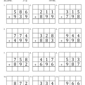 May include: A worksheet with 12 math problems for practicing 3-digit addition with regrouping. Each problem has two numbers to add, with a line for the answer below.