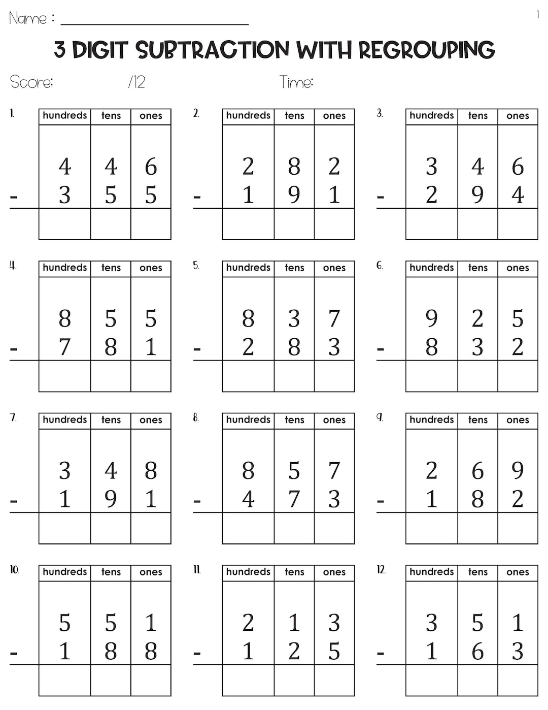 3 Digit Subtraction With Regrouping With Place Value Chart Worksheets ...