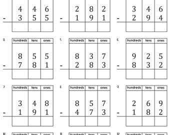 3 Digit Subtraction with Regrouping with Place Value Chart Worksheets