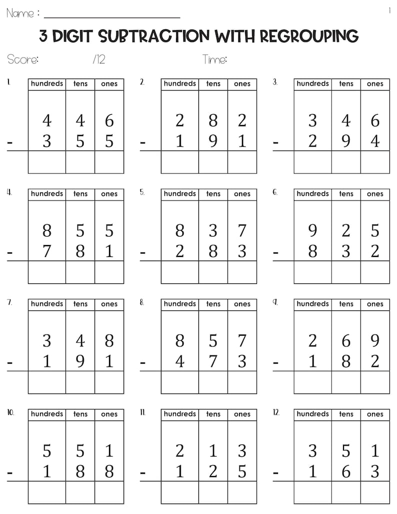 3 Digit Subtraction With Regrouping With Place Value Chart Worksheets ...