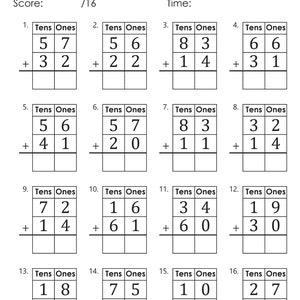 以下が含まれることがあります： 2桁の数の足し算問題が16問あるワークシートです。問題は繰り上がりなしで解けるように設計されています。ワークシートには「2 DIGIT ADDITION (NO REGROUPING)」とラベル付けされています。