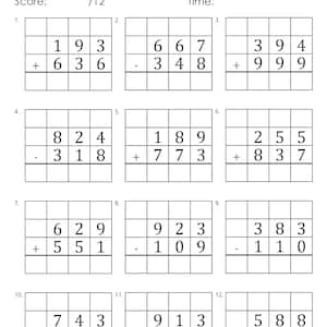 Puede incluir: Una hoja de trabajo con 12 problemas de matemáticas para la suma y la resta de 3 dígitos. Los problemas requieren reagrupación. La hoja de trabajo se titula "3 DIGIT ADDITION AND SUBTRACTION (SOME REGROUPING)".