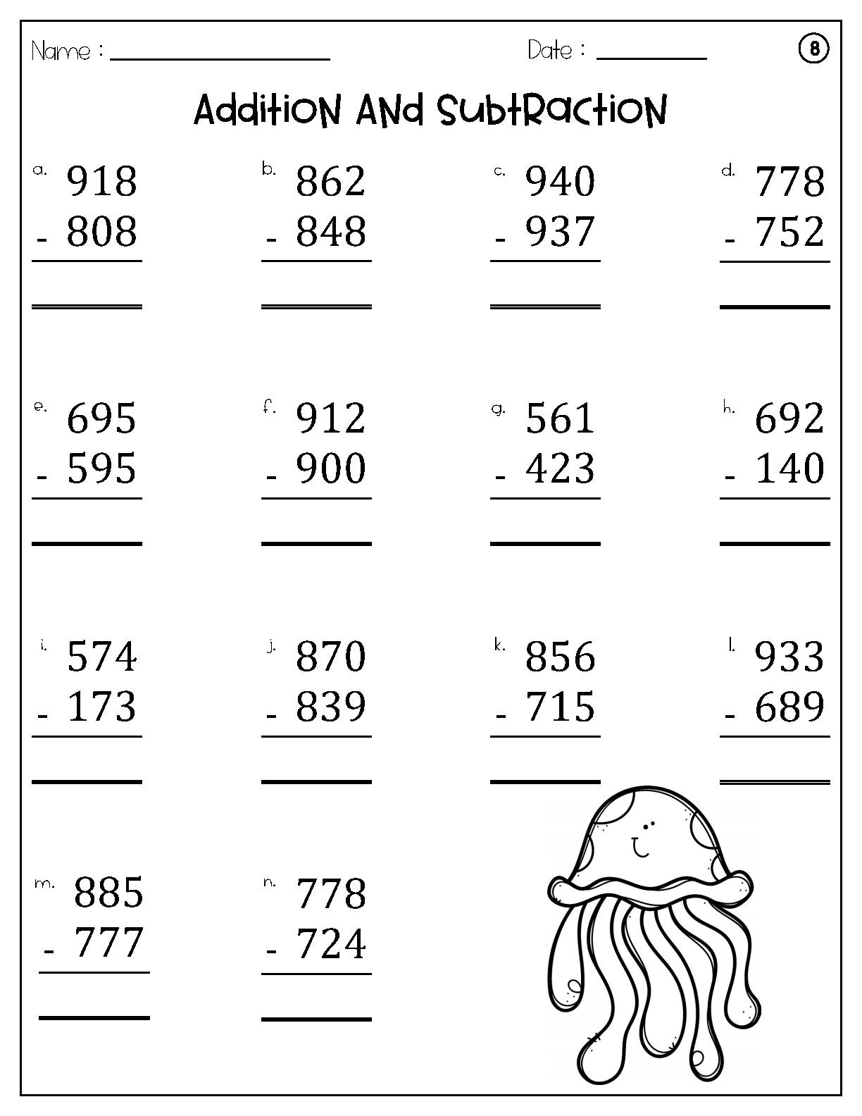 3 Digit Addition and Subtraction Worksheets - SET3 Ocean Theme Math ...