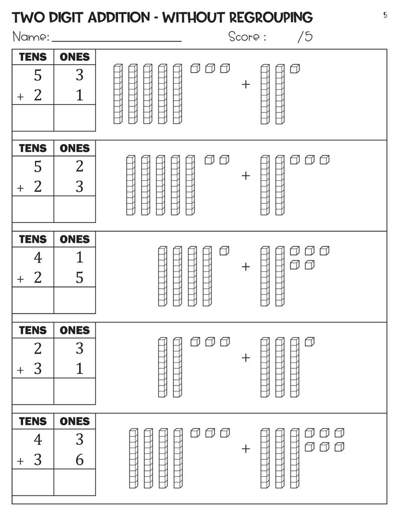 2 Digit Addition Without Regrouping With Base Ten Blocks Worksheets - Etsy