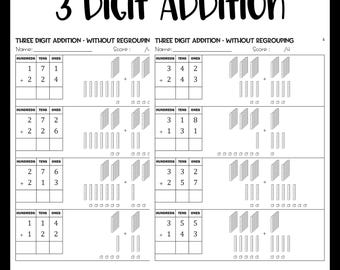 3 Digit Addition without Regrouping with Base Ten Blocks Worksheets
