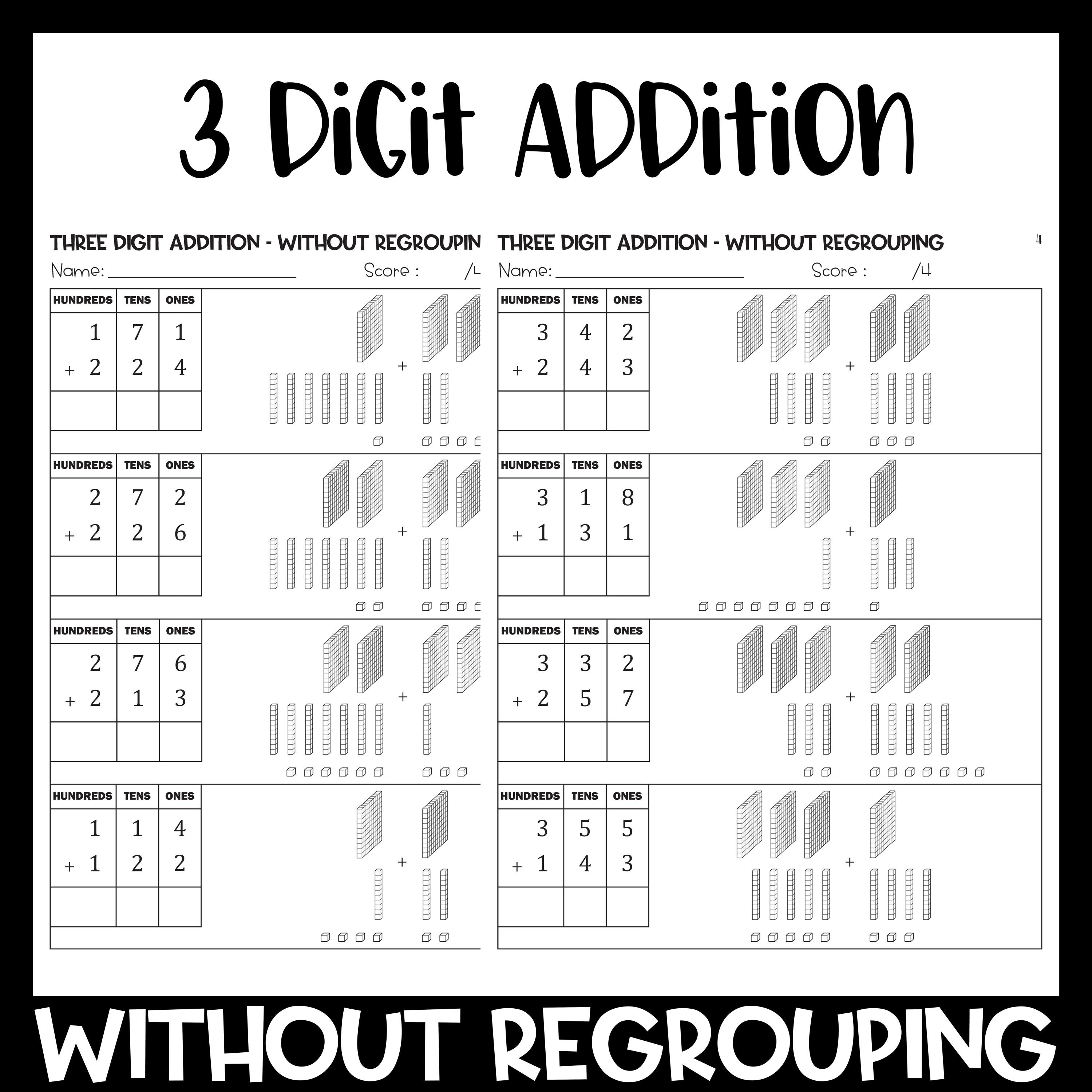 3 Digit Addition Without Regrouping With Base Ten Blocks Worksheets - Etsy