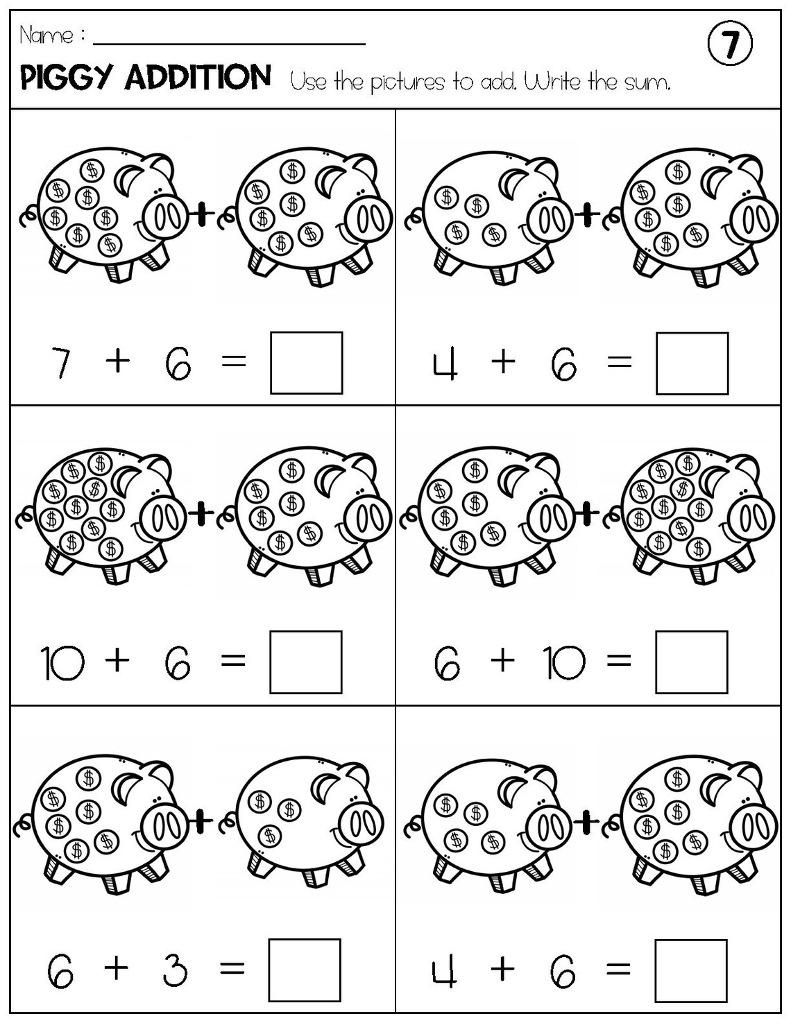 Addition With Pictures Sum up to 20 Worksheets - Adding Piggy Pictures ...