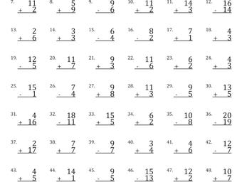Math Timed Tests Mixed Addition and Subtraction within 20 Some Regrouping