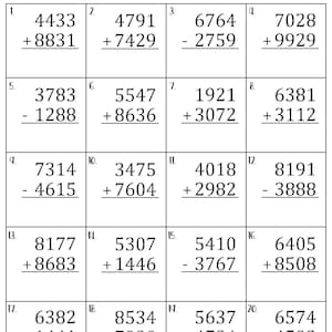 以下が含まれることがあります： 4桁の数字の足し算と引き算を練習するための20問の数学の問題が書かれたワークシート。問題は20個のマスに配置され、各マスには問題と答えを書くための線が含まれています。
