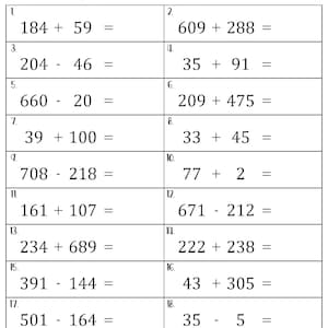 Horizontal Mixed Addition and Subtraction to 1000 Worksheets