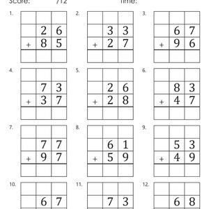 May include: A worksheet with 12 math problems for two-digit addition with regrouping. Each problem has two numbers to add, with a line for the answer below. The problems are numbered 1 through 12.