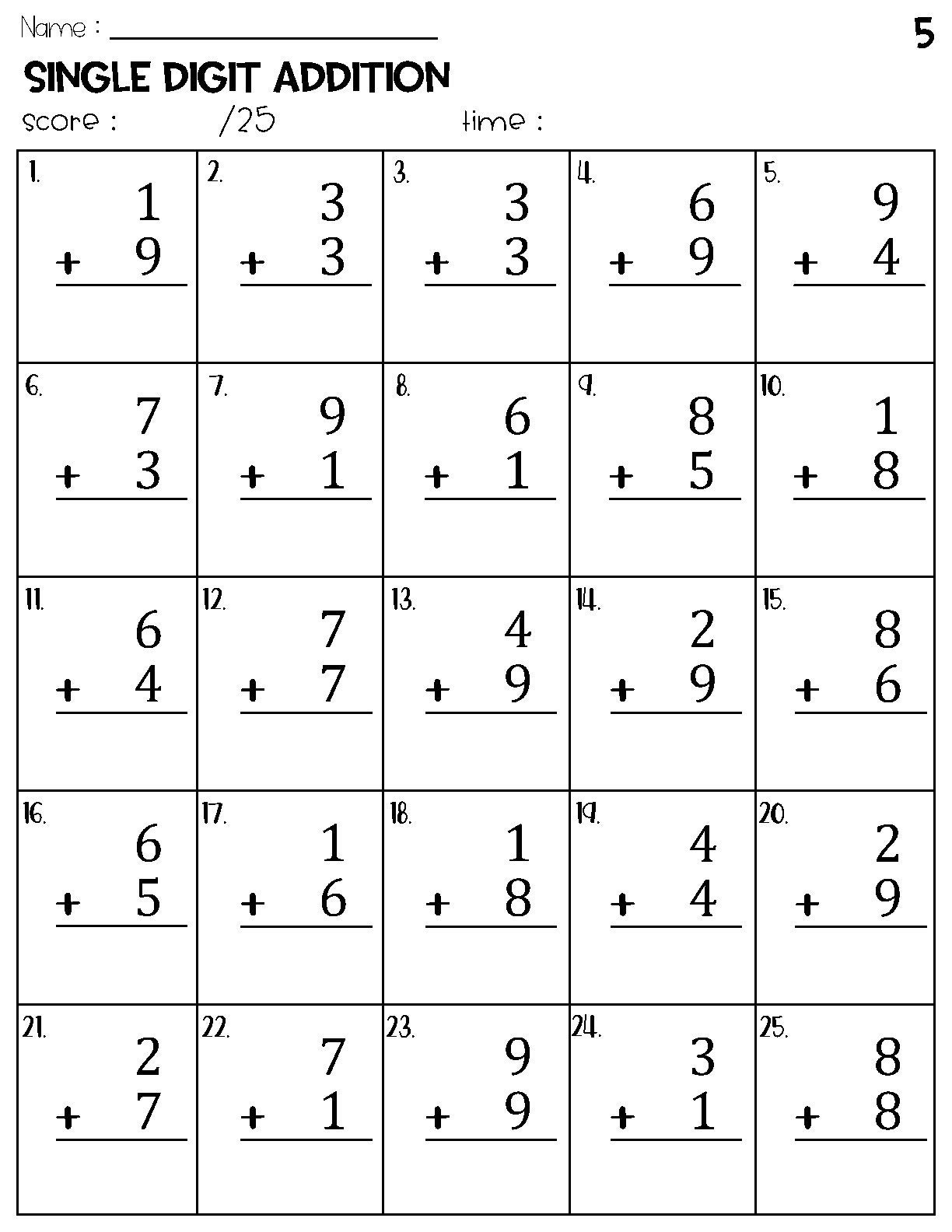 Single Digit Addition Worksheets Etsy