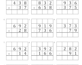 100 Two and Three Digit Mixed Addition and Subtraction with Grid Worksheets