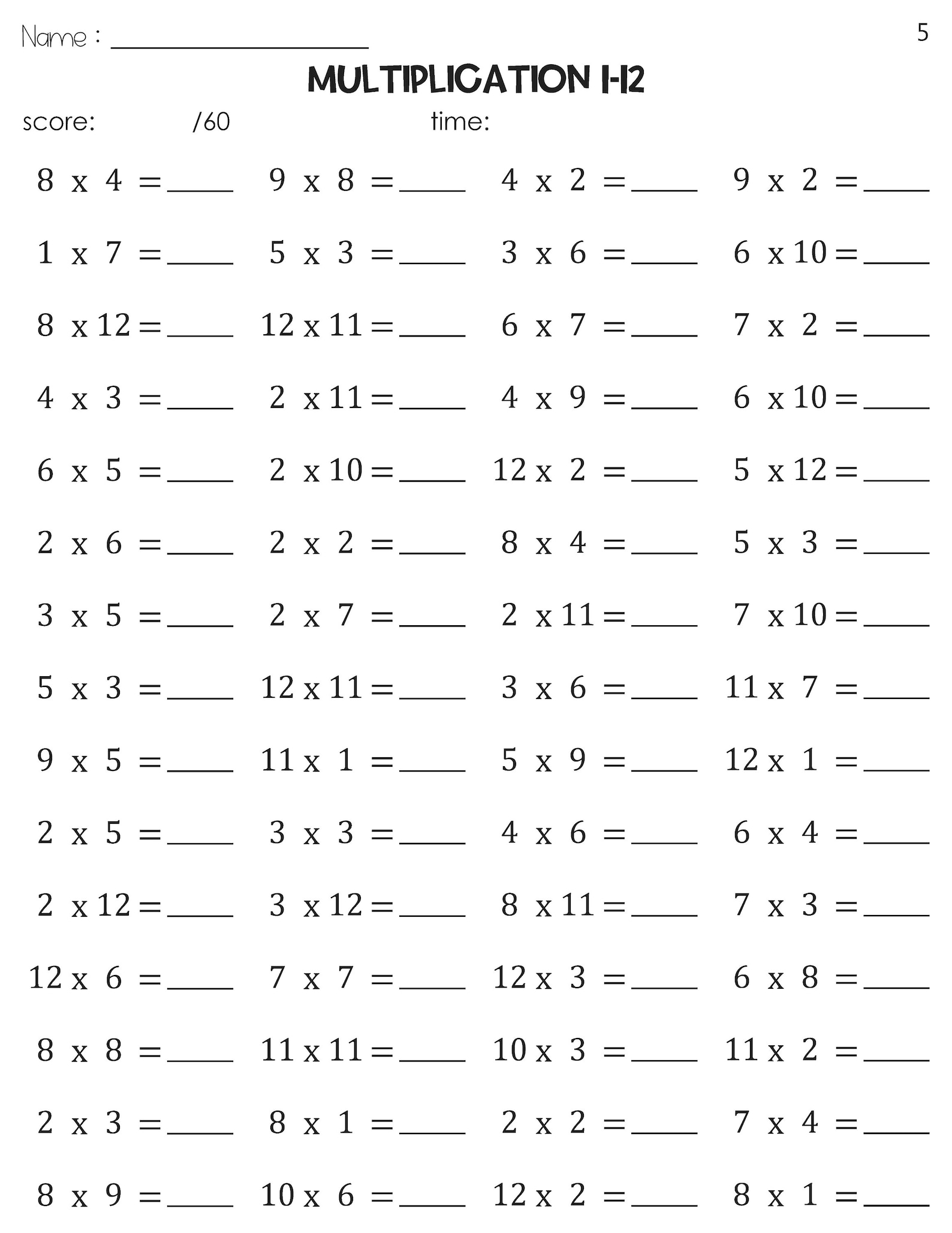 Multiplication 1-12 Math Timed Tests Speed Drills Worksheets - Etsy